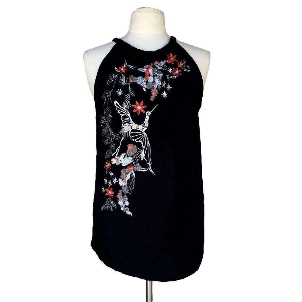 PECK & PECK Women’s Size L Black All American Hummingbird Sequin Embroidery Tank